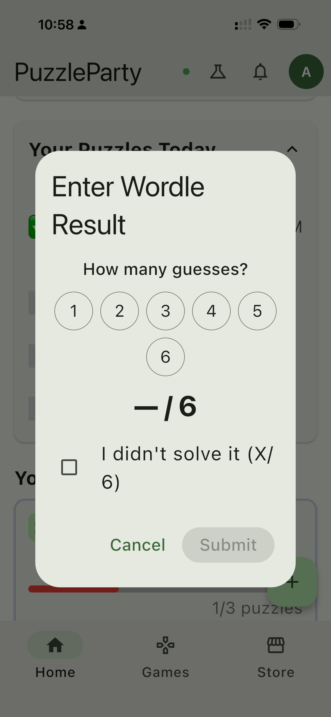Manual entry dialog showing guess count circles for entering a Wordle result