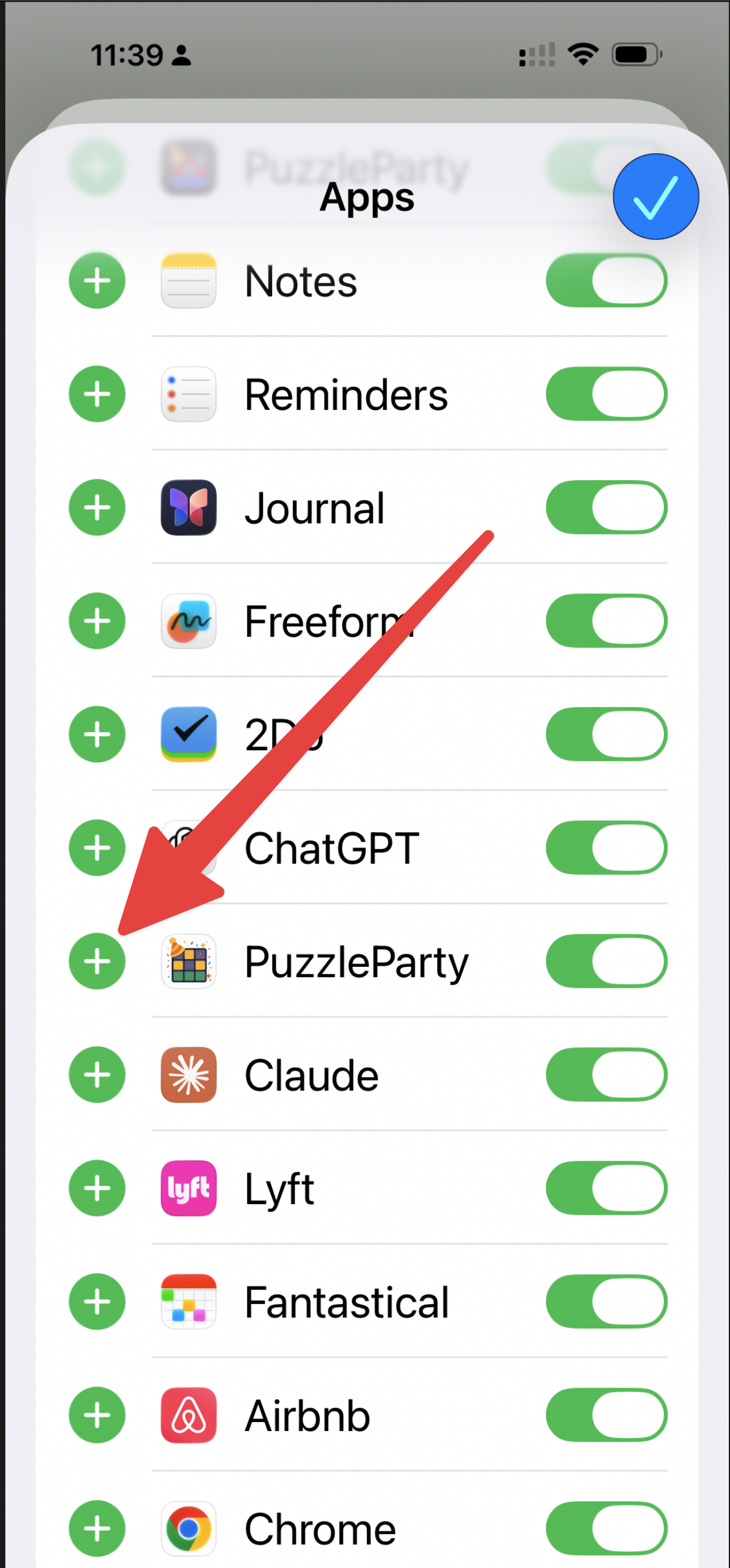 Share sheet edit screen showing PuzzleParty in the app list with the green plus button to add it to Favorites