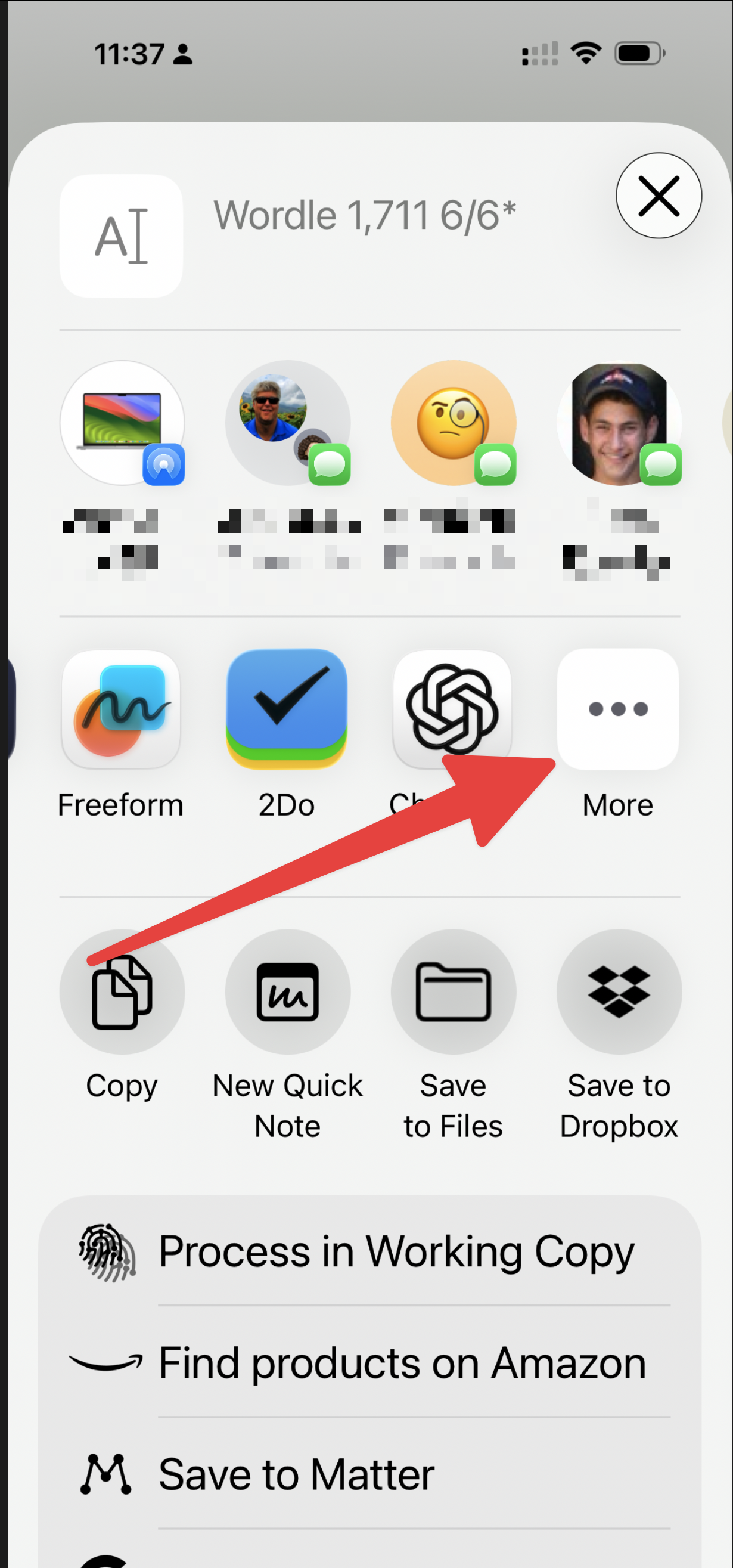 iOS share sheet with the More button highlighted at the far right of the app row