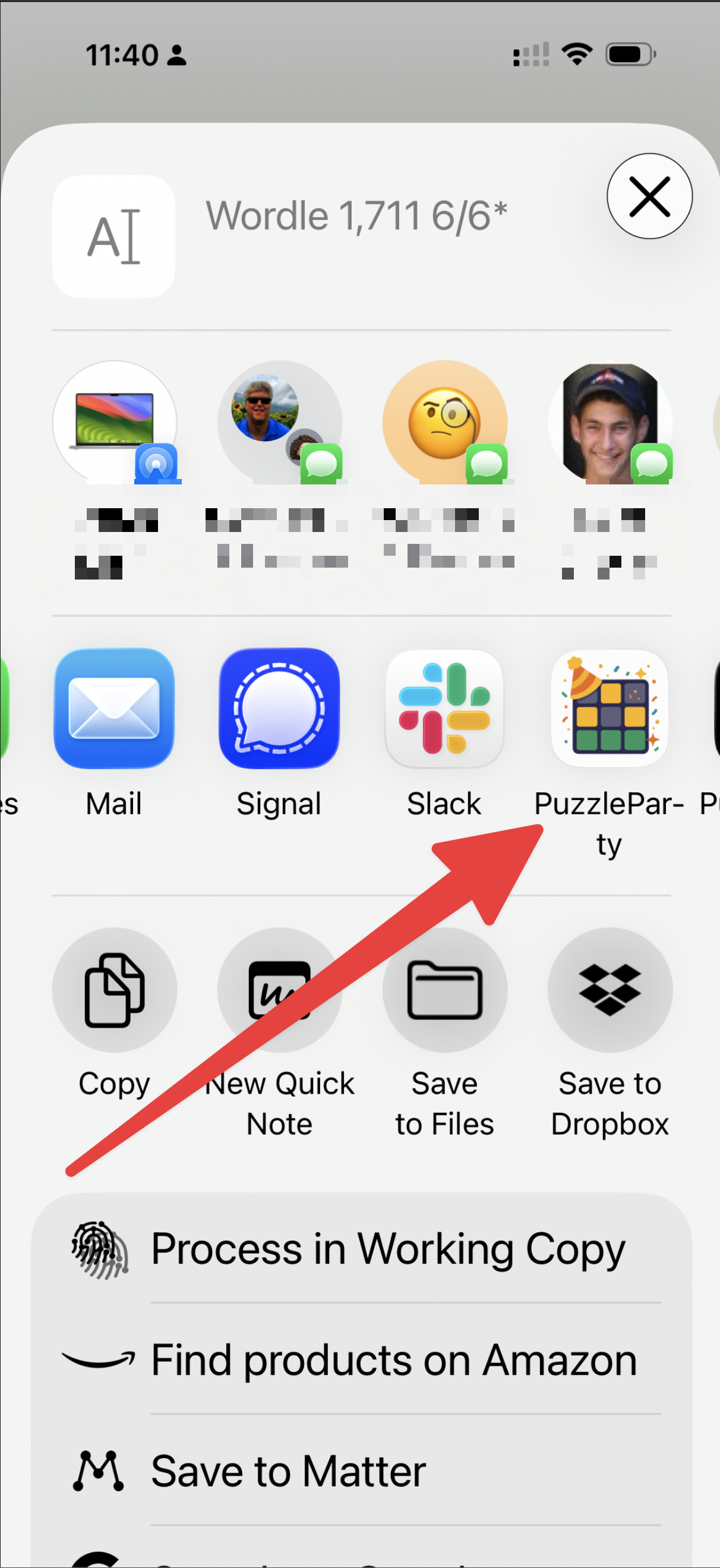 Share sheet showing PuzzleParty pinned in the Favorites section